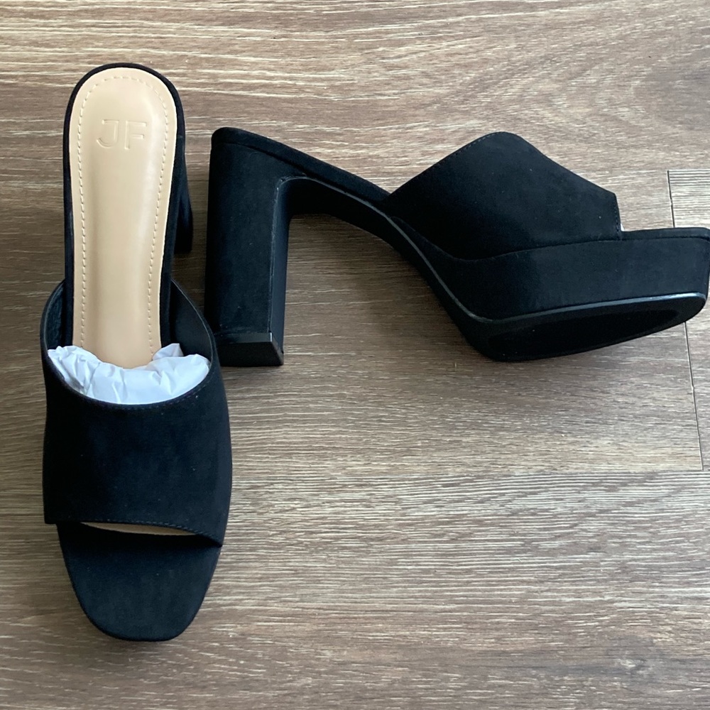 Black platform peep toe slide on sandals (size 12)